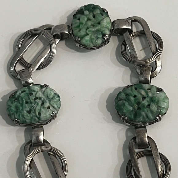 Antique Art Deco Bracelet Carved Green White Jadeite Sterling Chinese Export - Picture 3 of 13